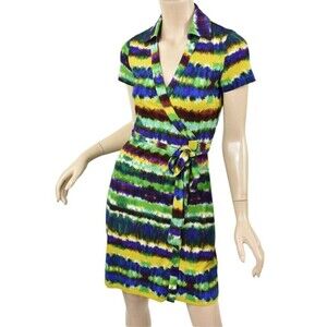 Calvin Klein Wrap Dress Women 1 Multicolor Tie Dye Striped Collared Short Sleeve